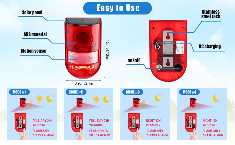 Solar Motion Sensor Alarm Siren, 129dB Outdoor Security Alert with 6 LED Flash Warning, Dual Solar and DC Charging : Industrial & Scientific