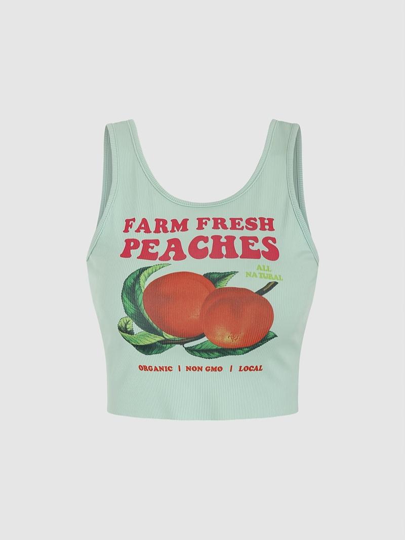 Women's Letter & Fruits Print Crop Tank Top, Casual Scoop Neck Sleeveless Top for Daily Wear, Ladies Clothes for All Seasons
