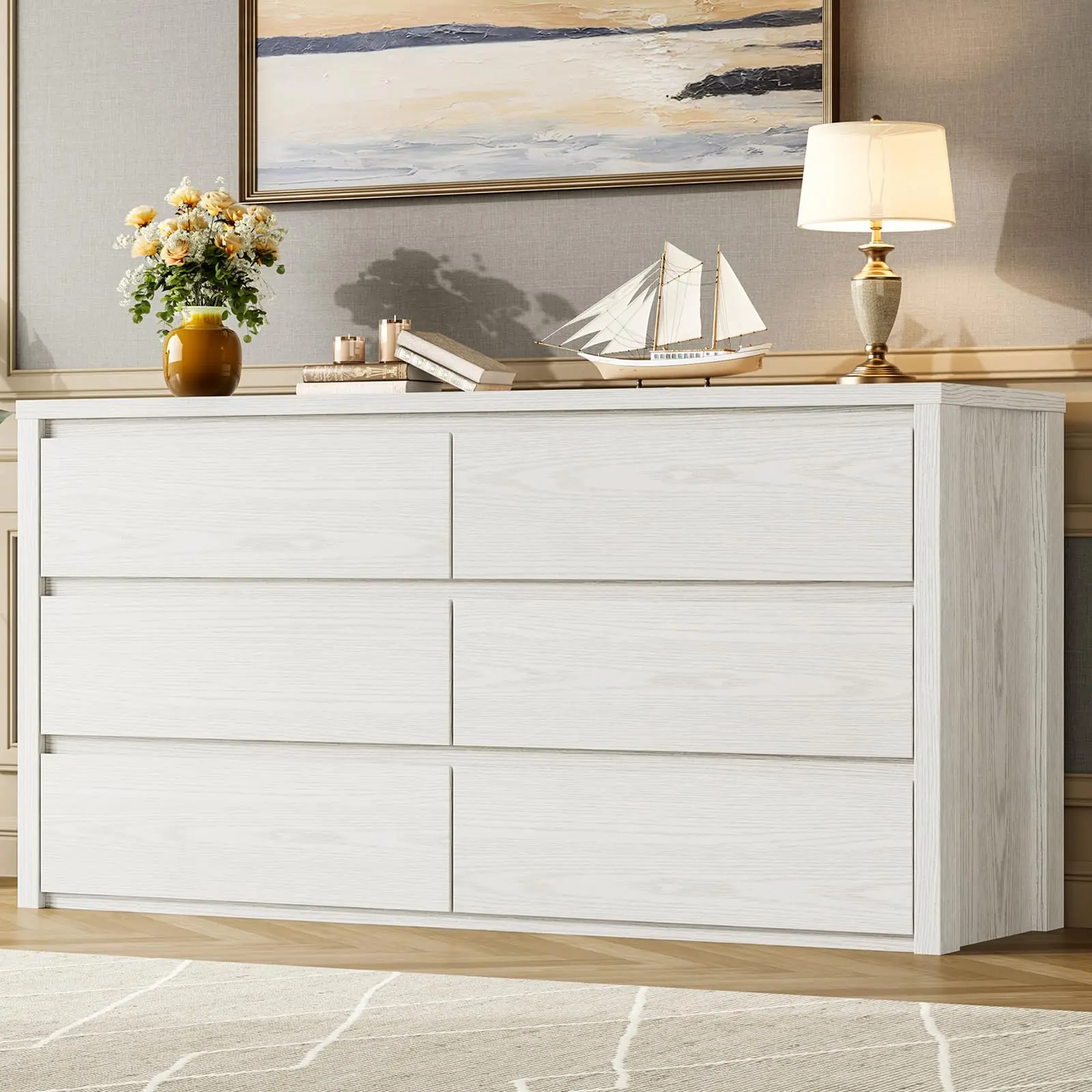 6 Drawer Dresser – Modern, Wide – Handle-Free – Wooden – For Bedroom, Living Room, Hallway, Entryway – Storage Cabinet