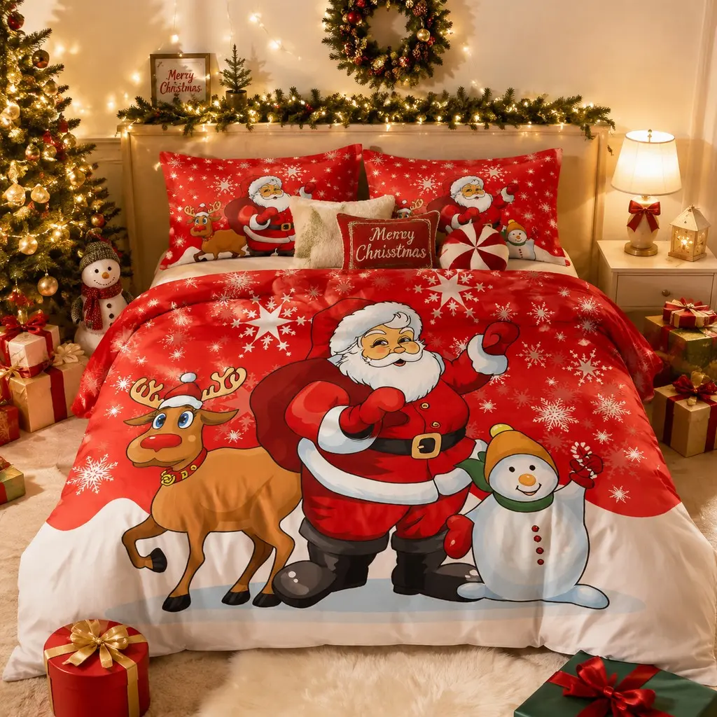 3-piece cartoon Santa Claus reindeer snowman printed bedspread set (1 quilt cover + 2 pillowcases, without core), soft and comfortable bedding, suitable for bedroom, dormitory, guest room home decoration