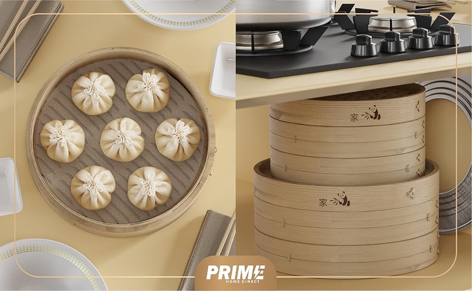 Bamboo Steamer Basket 10-Inch |   2-Tier Steamer for Cooking |   50 Liners, Chopsticks, Sauce Dish |   Steaming Asian Food, Bao Buns, Chinese, Dim Sum, Dumpling, Rice, Vegetable Steam Pot