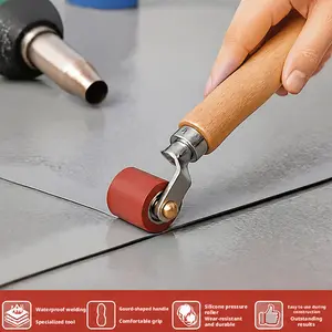 2-in-1 double-head pressure roller, red silicone roller/brass roller, heat-resistant. Wooden anti-slip handle, convenient for construction, suitable for heat gun welding, waterproof material welding, wallpaper installation, and other applications.