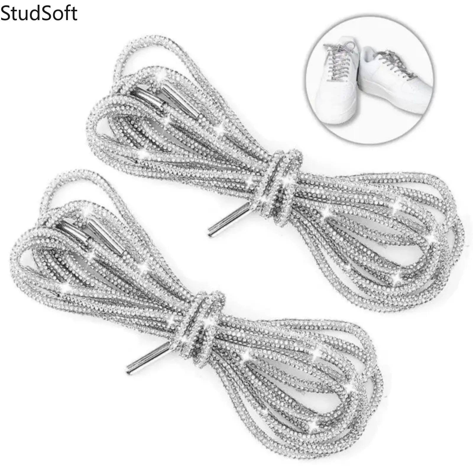 2Pack Glitter Rope Laces Rhinestone Fashion Drawstrings 47in Sparkly Replacement Cords for Hoodies Shoes Sweatpants Trunks DIY Styling Accessories