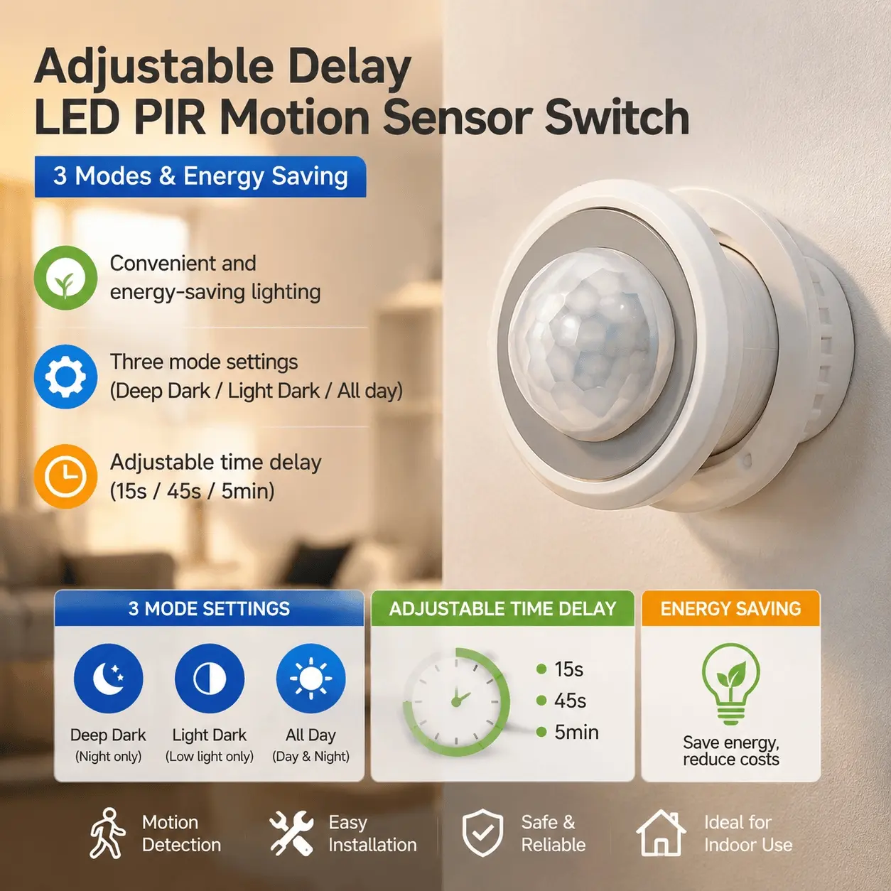 Smart Adjustable Timer Motion Sensor Switch with Embedded PIR Detector & 0-180s Delay, Indoor/Outdoor Wall-Mounted Energy-Saving Light Control, High-Efficiency Human Sensing Security Device
