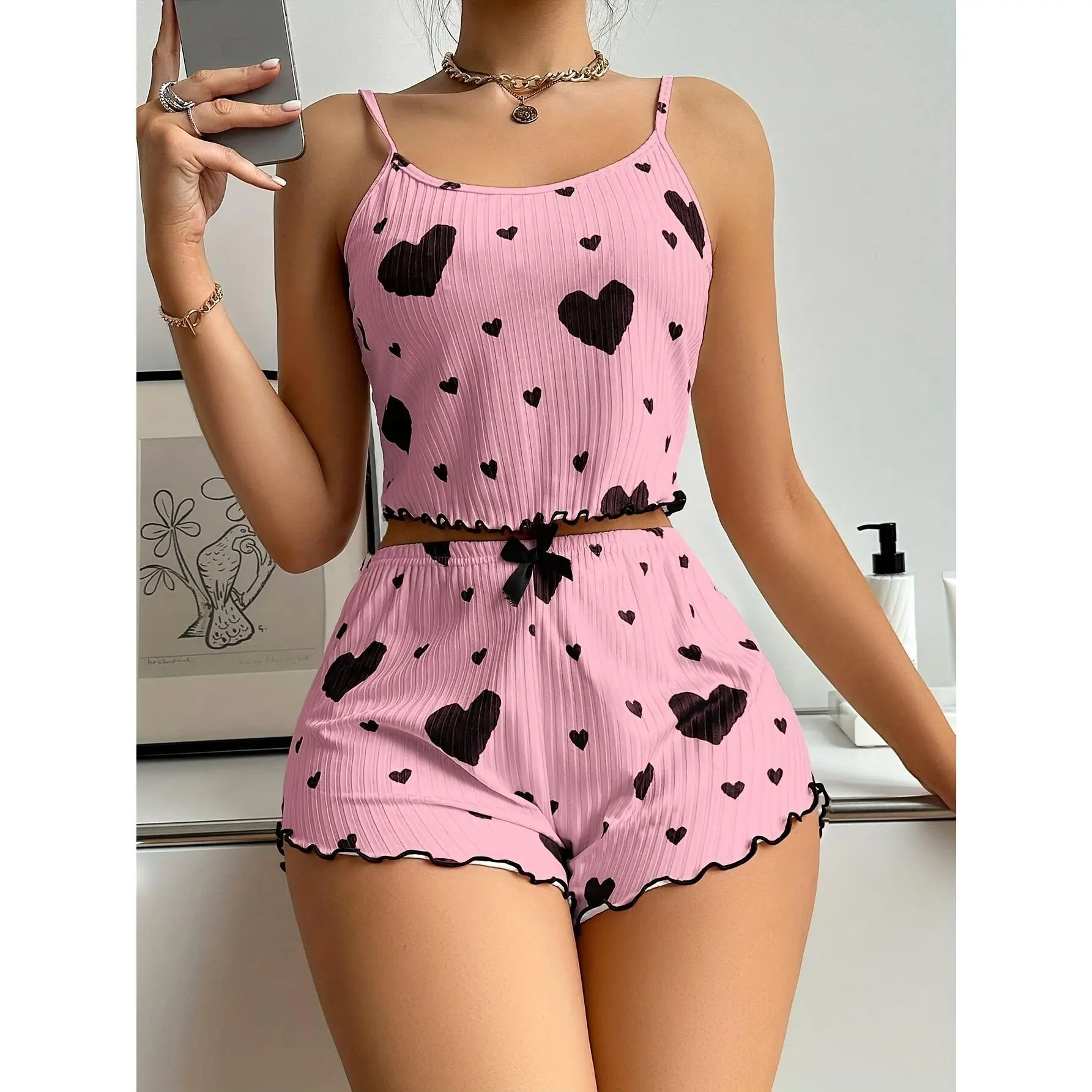 Women's Chic Heart Print Pajama Set, 2-Piece Ribbed Knit Loungewear with Spaghetti Strap Cami and Shorts, Stretchy Fabric, Lingerie