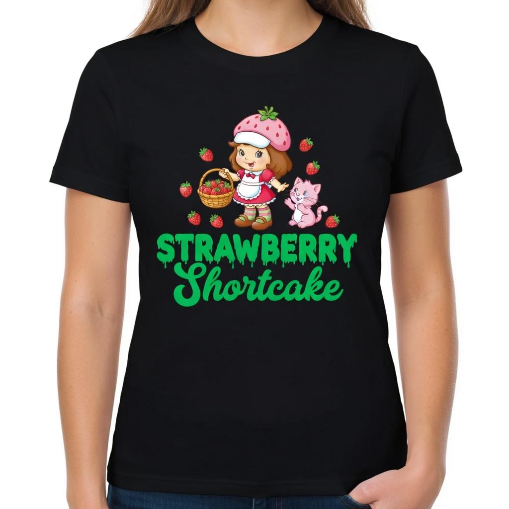 Basic Tee Club Strawberry Shortcake and Kitty Custard Graphic T-Shirt Vintage Style Character Illustration Tee Soft Breathable Fabric All-Season Wear Classic Unisex Cotton Casual Gift - Womenswear, Top