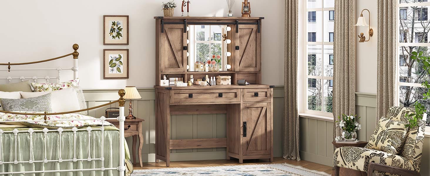 Sikaic Makeup Vanity with LED Mirror Sliding Barn Doors Brown