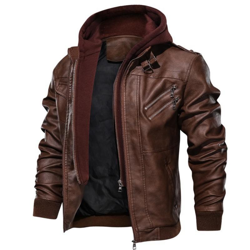 Men Brown Leather Motorcycle Jacket with Removable Hood Hoodie Casual