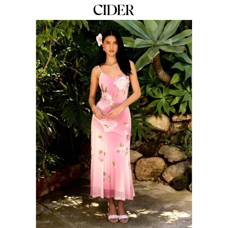 Cider Mesh Floral V-neck Rhinestone Mermaid Maxi Dress