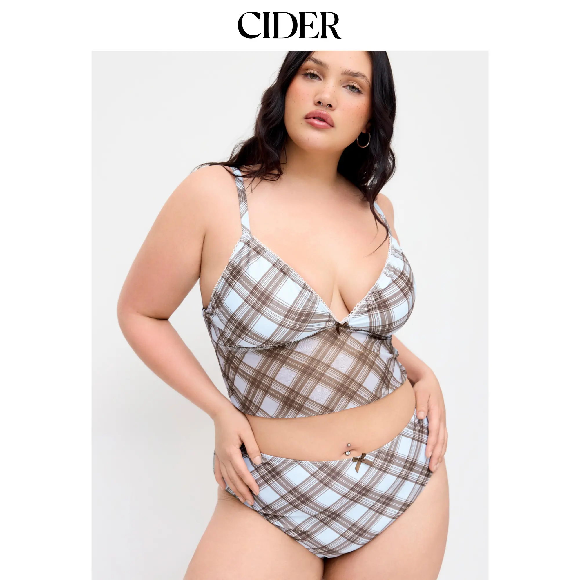 Cider V-neck Checks Bowknot Tankini & Mid Rise Full Coverage Bikini Bottom Set Curve & Plus