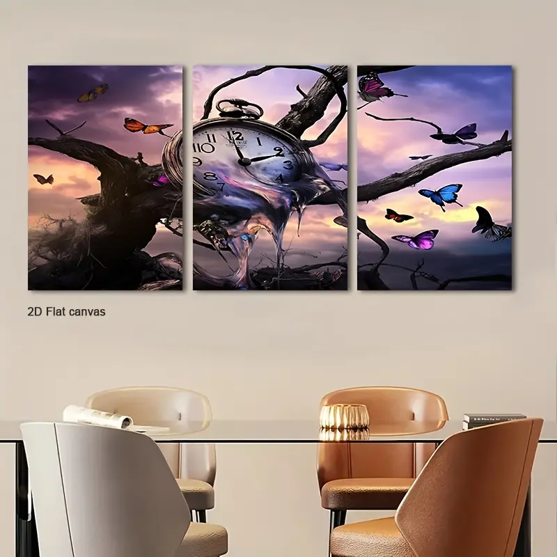 2D flat, 2D flat, 2D flat 3-piece set of melted pocket watches & butterfly canvas wall art, framed for hanging, suitable for room decoration, office decoration, home decoration, wall art decoration, bathroom decoration, multi-functional holiday centerpiec