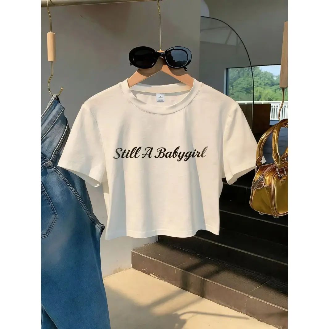 Still A Babygirl Print White Cotton Crop Top Y2K Cute Short Sleeve T Shirt For Women Soft Casual Summer Streetwear Slim Fit Aesthetic Daily Outfit Fashion Top