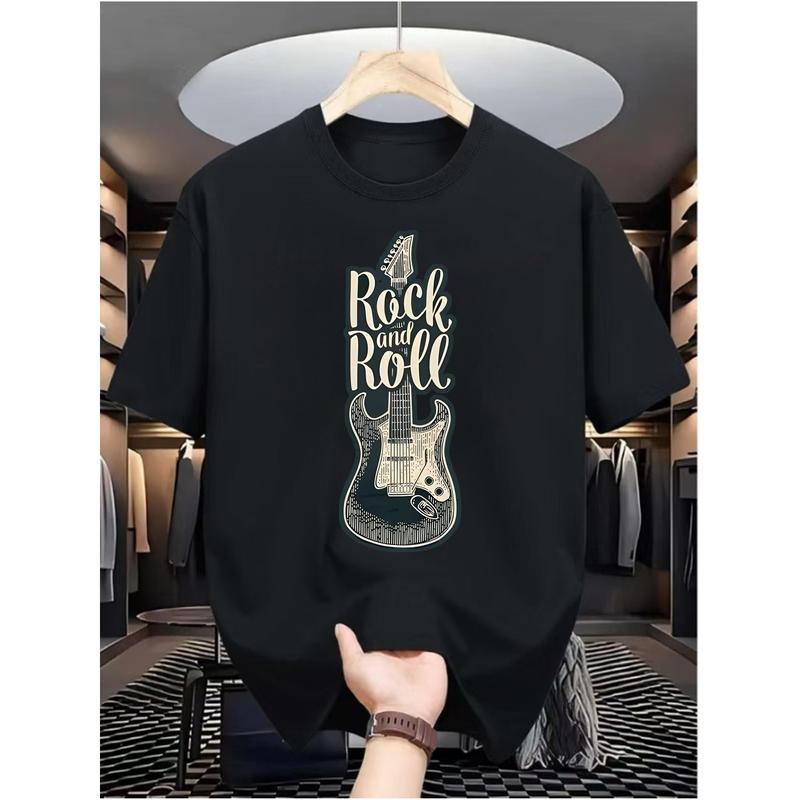 【Rock Guitar Print】Men's Casual Digital Print T-Shirt - Crew Neck, Short Sleeve, Street Hip-Hop Style, European and American Summer Fashion Trend, Sporty Look