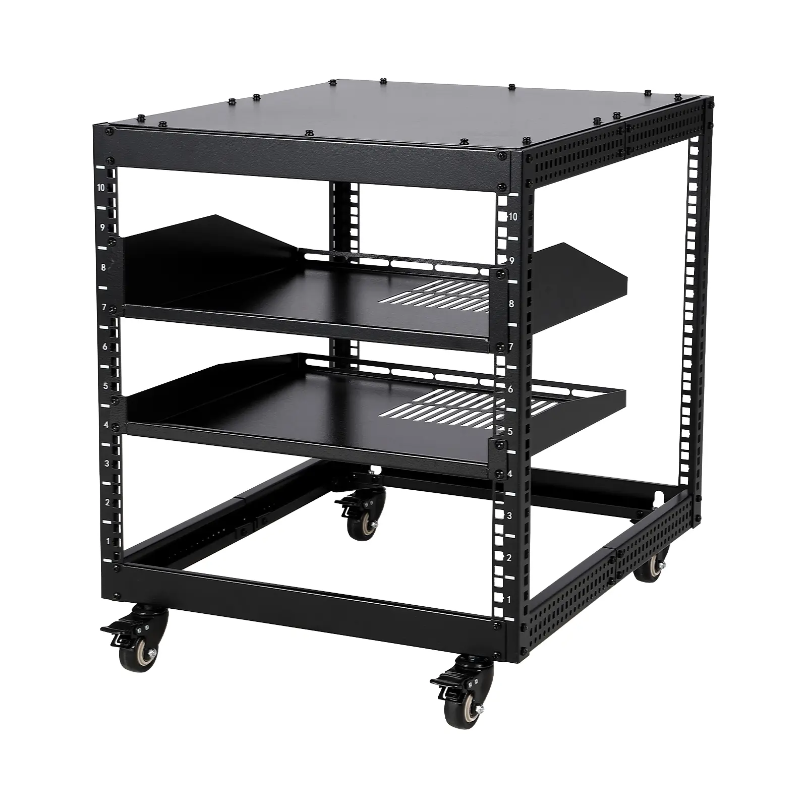 Heavy-Duty Open Frame Server Rack - 12U Adjustable Depth 22-40in - Wall or Floor Mount - Carbon Steel Network Cabinet with 2 Vented Shelves & Lockable Wheels - Supports 500kg - For Networking, IT, AV, Server Equipment