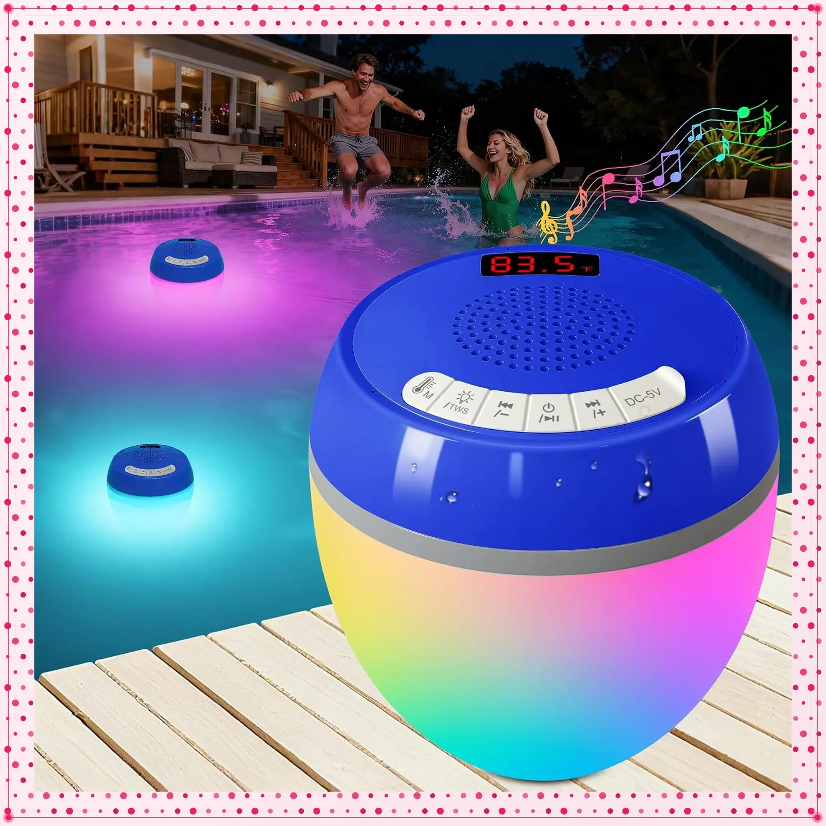 3-in-1 Bluetooth Floating Pool Speaker with Digital Thermometer, Colorful Lights, IP68 Waterproof, TWS Portable Speaker, Loud Sound for Pool Hot TubGift