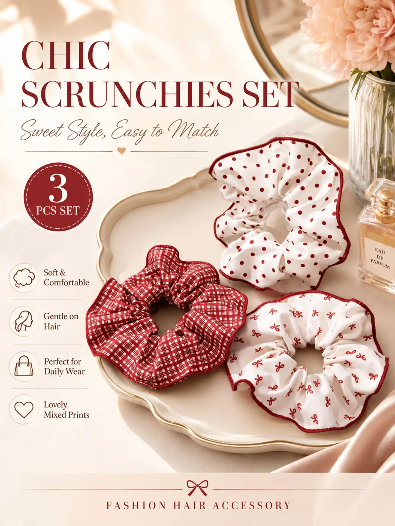3 pieces of women's wine red ruffled wavy bow plaid Wavy Curly Scrunchies, Hair styling accessories, half tied hair at the back of the head, broken hair arranged into bun shaped hair accessories, suitable for daily use, parties, and travel