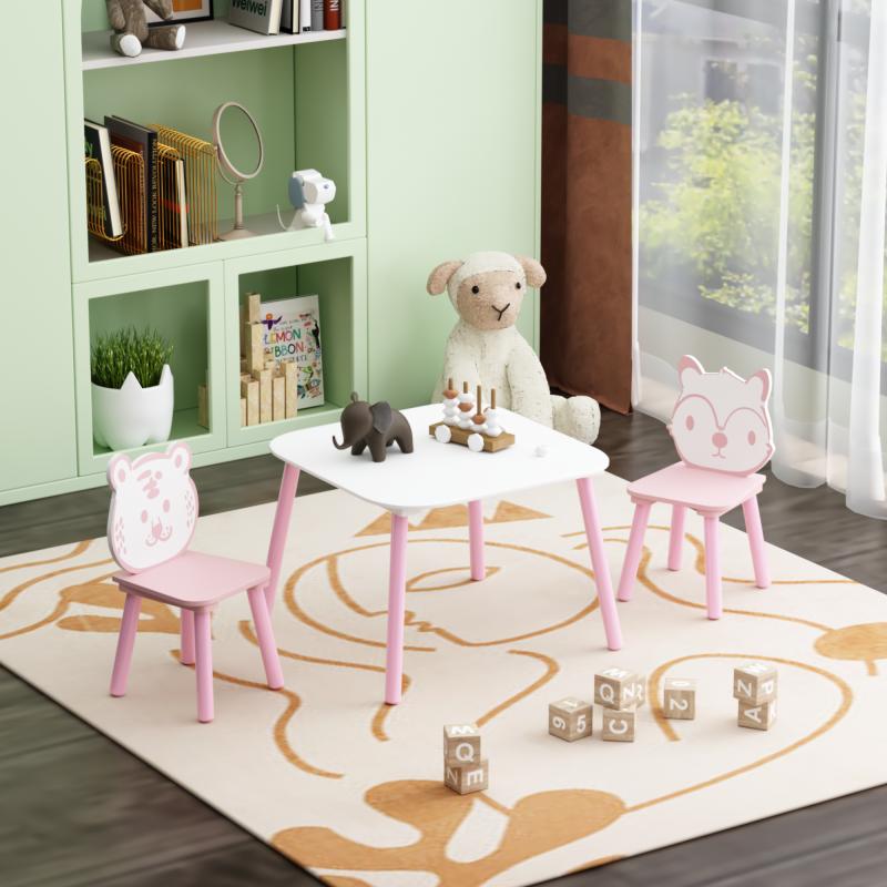 Kids Table and Chair Set, 3-Piece Wooden Toddler Desk with Animal Backrest, Activity Table for Drawing, Learning,Playroom or Nursery(Pink&White)