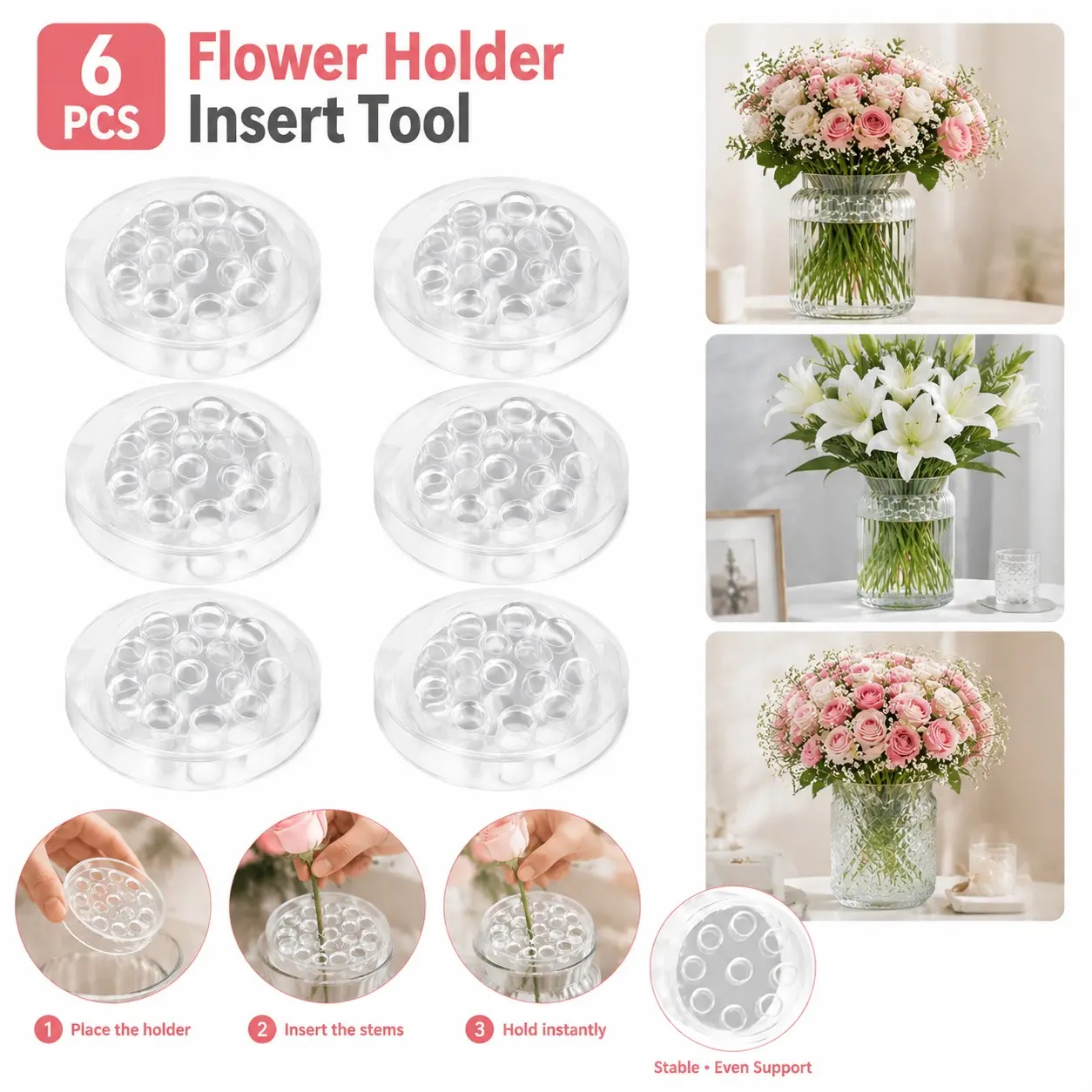 Transparent Floral Stand Set, Fits Various Vase Sizes, Supports Artificial Roses, DIY Flower Display, Home Decor, Plastic Spiral Stem Holder