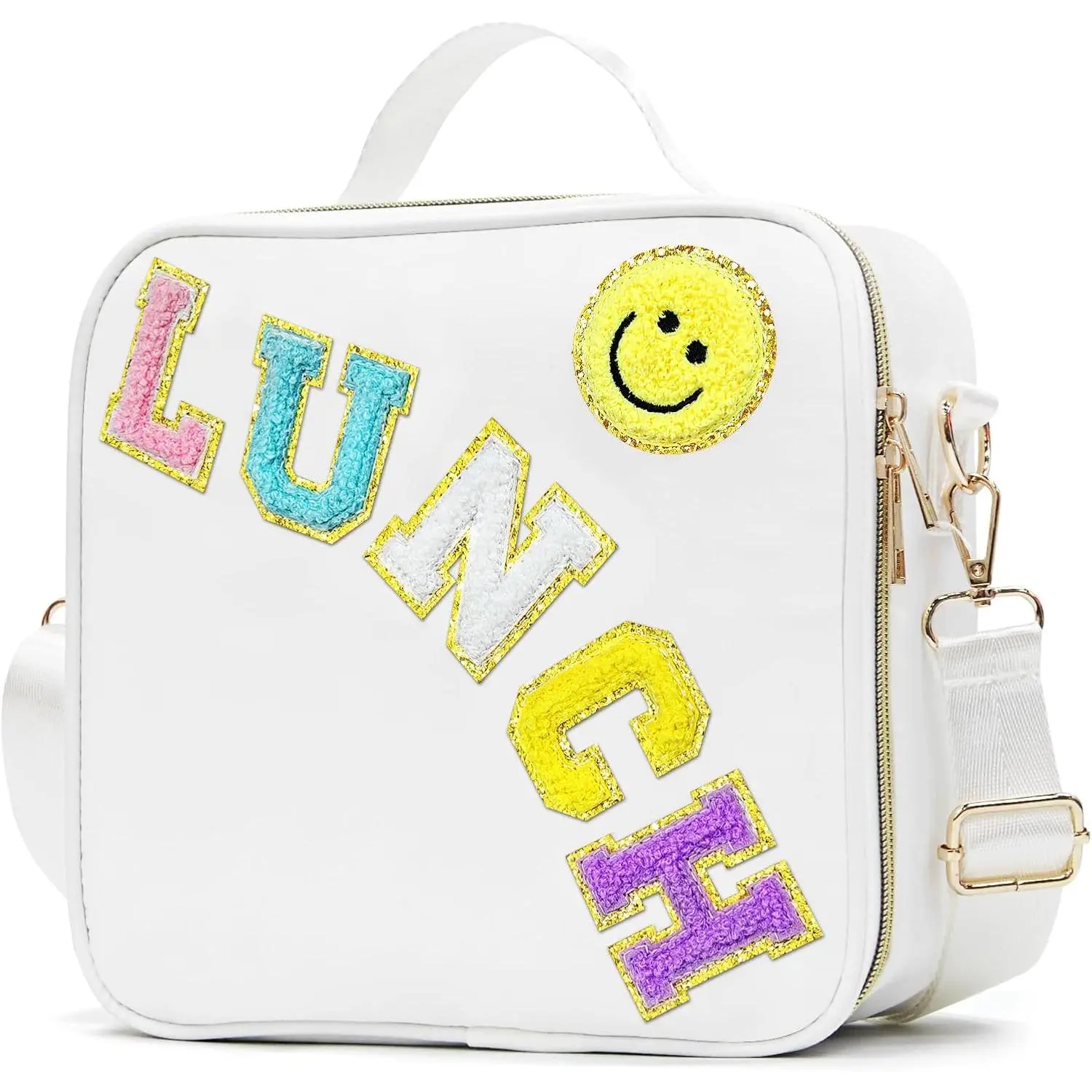 Insulated Lunch Bag Women Lunch Box  for Teen Girls Boys, Cute Preppy Lunch Boxes With Adjustable  Strap,  Nylon Lunchbox Lunch Bags for School Work Picnic (White)