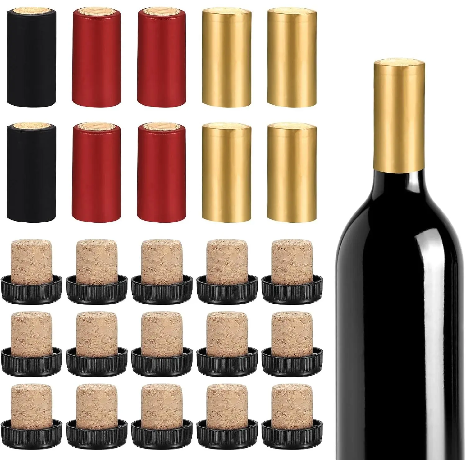 60Count Wine Sealer for Wine Bottles, Include 30Count Wine Bottle Cork Stoppers and 30Count PVC Heat Shrink Capsules, Wine Bottle Tops Seals Corks, Wine Shrink Wrap Shrink Caps, for Cruise