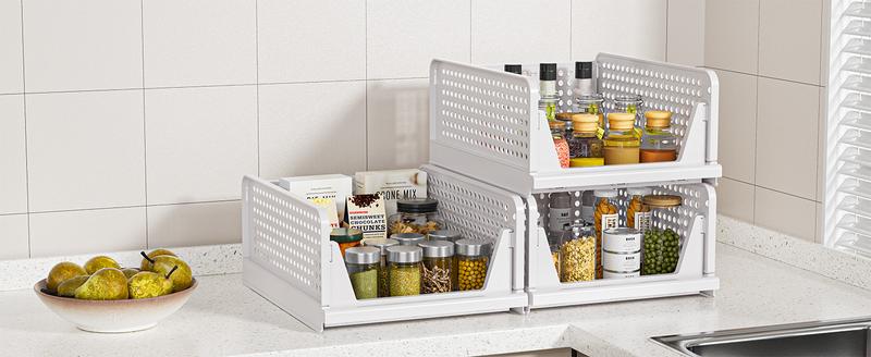 7CODE 5 Pack Stackable Closet Storage Basket, Multifunctional & Foldable Closet Organizer for Bathroom Kitchen Laundry Room Wardrobe Storage, Space-Saving Clothes Storage Drawer Organizer, White