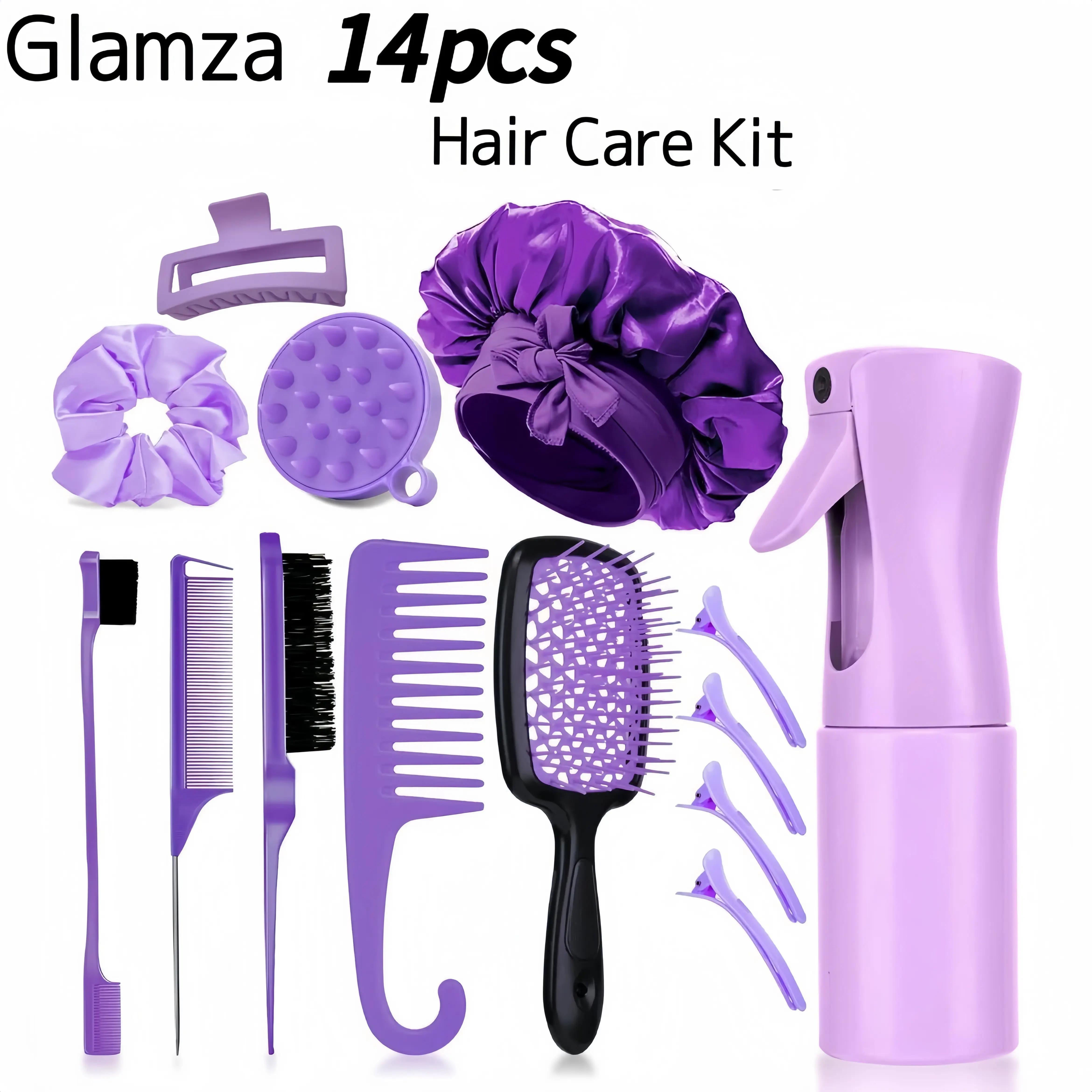 Glamza 14-Piece Curly Hair Brush Kit Set, Detangling Daily Care Essentials with Edge Brush, Scalp Massager & Spray Bottle (Purple)