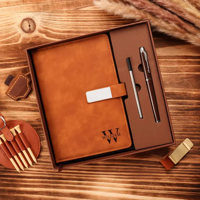 Customized carving notebook pen, leather notebook set, year-end thank-you gift, matching pen, customized graduation gift, new job gift