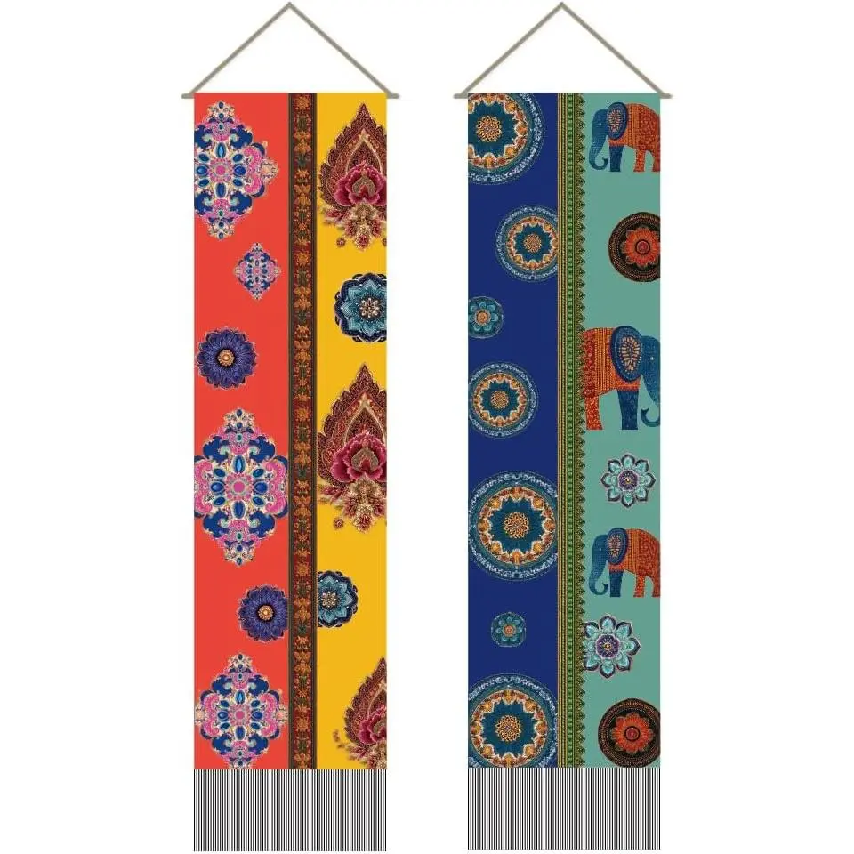 AHANDMAKER 2Pcs Indian Elephant Tapestry, Elephant & Floral Long Vertical Wall Hanging, Tassel Wall Tapestry Decor Mystic Mirror Patchwork Decorations for Bedroom and Living Room (45.7x13 Inch)