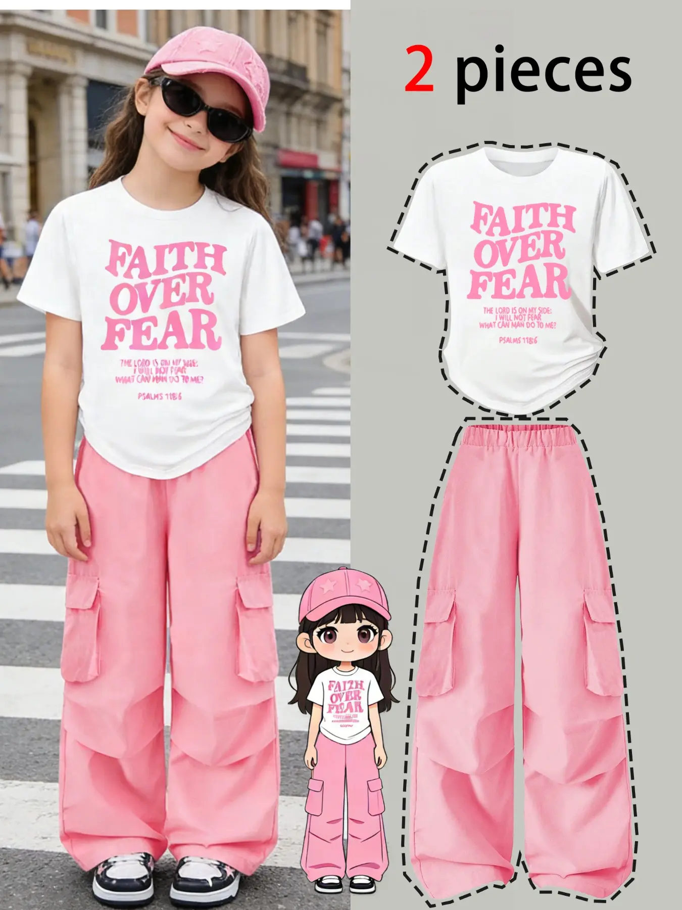 Girls' Fashion Set 2 Pieces, Sweet Style, Letter Print Short Sleeve T-Shirt + Cargo Wide Leg Pants, Summer Casual, 8-12 Years, Summer Clothing Set