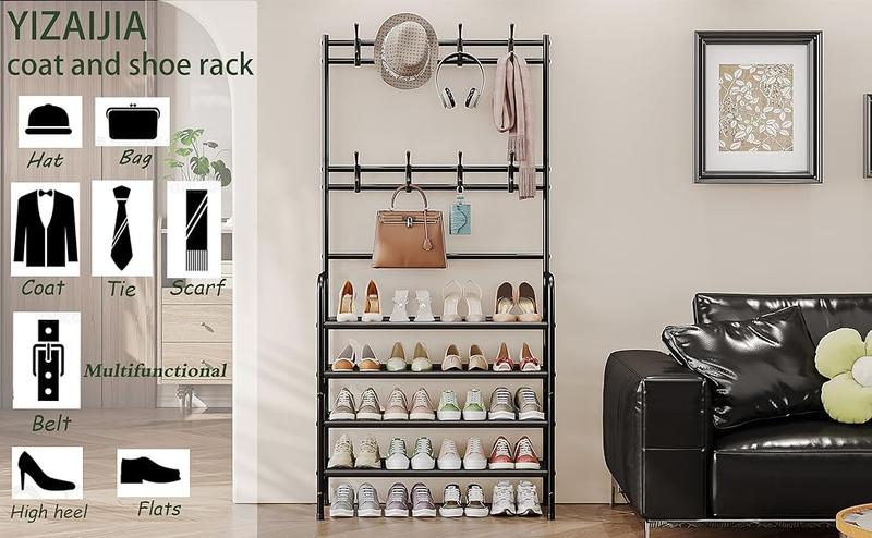 SORCEDAS Coat Rack Shoe Rack With Storage Shelf Freestanding with 8 Hooks for Entryway Bedroom Closet 4 Tier, Black