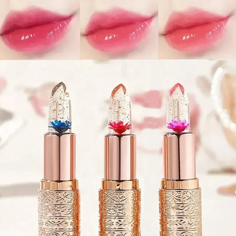 Temperature Color Changing Women Flower Lipstick Transparent Waterproof Moisturizing Crystal Jelly Pearlescent Lip Balm Cosmetic