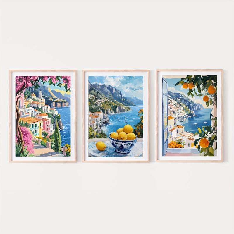 2D Flat, Set of 3 Amalfi Coast Art Prints, Vibrant Summer Mediterranean Artwork, Italian Coastal Scenery Posters, Travel Season Holiday Coastal Decor Oil Paintings, Not Framed