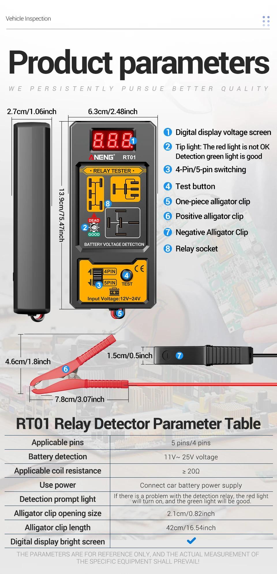 Relay Detector 11-25V ANENG RT01 Digital Universal 4/5 Pins Car Battery Vehicle Detection Digital Display Voltage Battery Tester