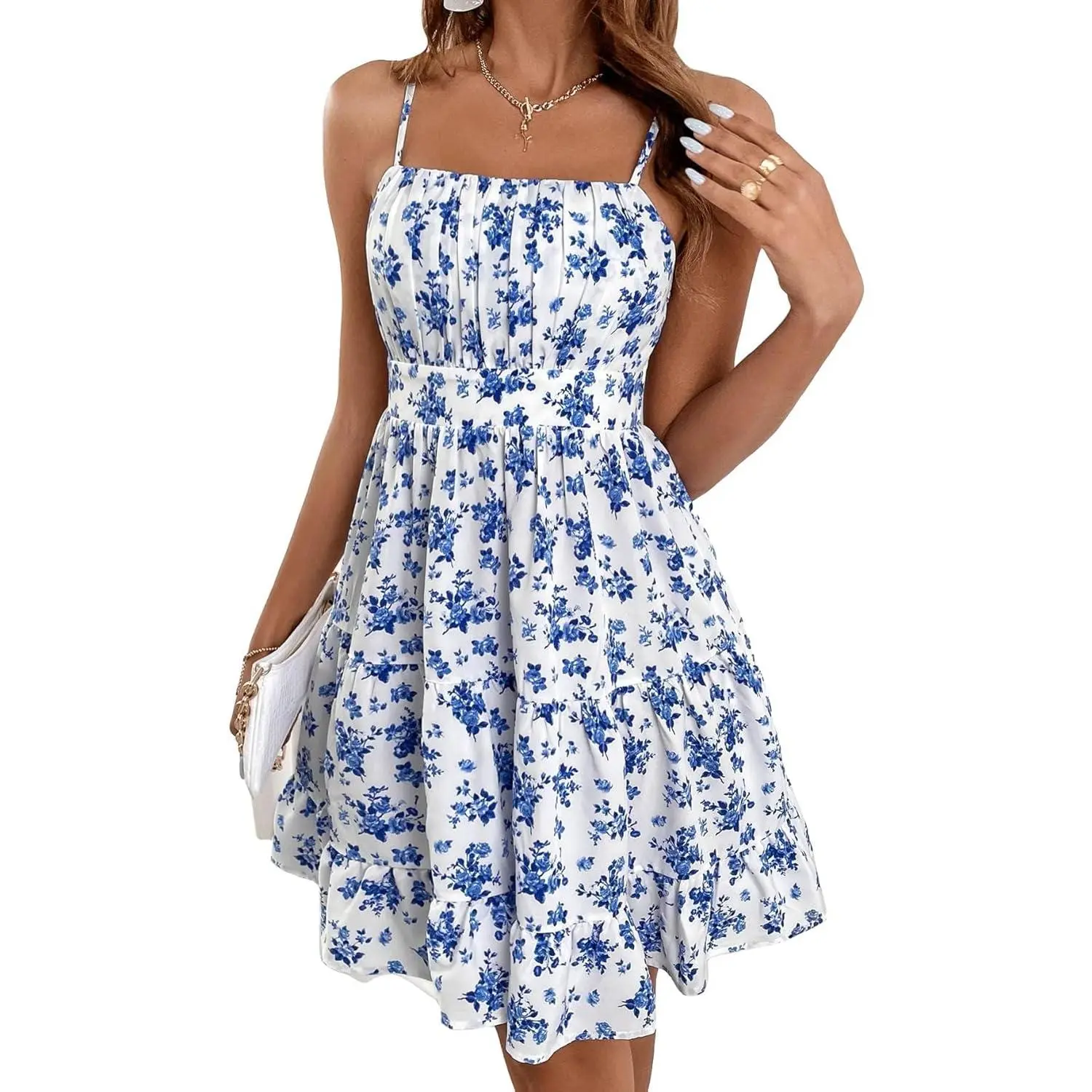 Women's Floral Print Spaghetti Strap Short Cami Dress - Casual Wear Flared A-Line Summer Mini Dress with Ruched Sleeveless Design, Ruffle Hem, Breathable Fabric, Square Neck
