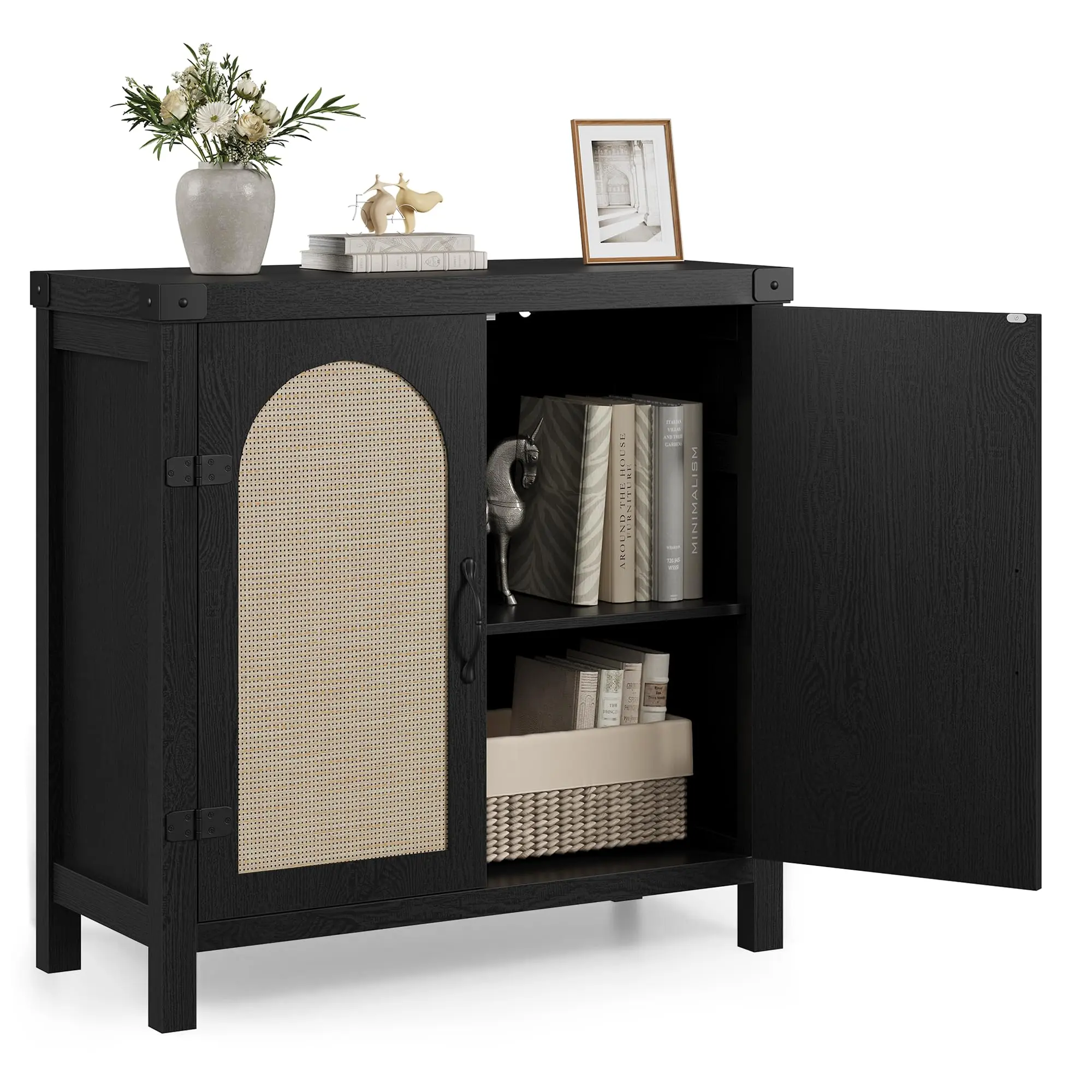 Garvee Modern Black Rattan Buffet Cabinet – Entryway Accent Sideboard with Adjustable Shelves – Credenza with Doors for Living Room, Dining Room, Kitchen, or Hallway – Sturdy Wood Legs – Boho Coffee Bar Style