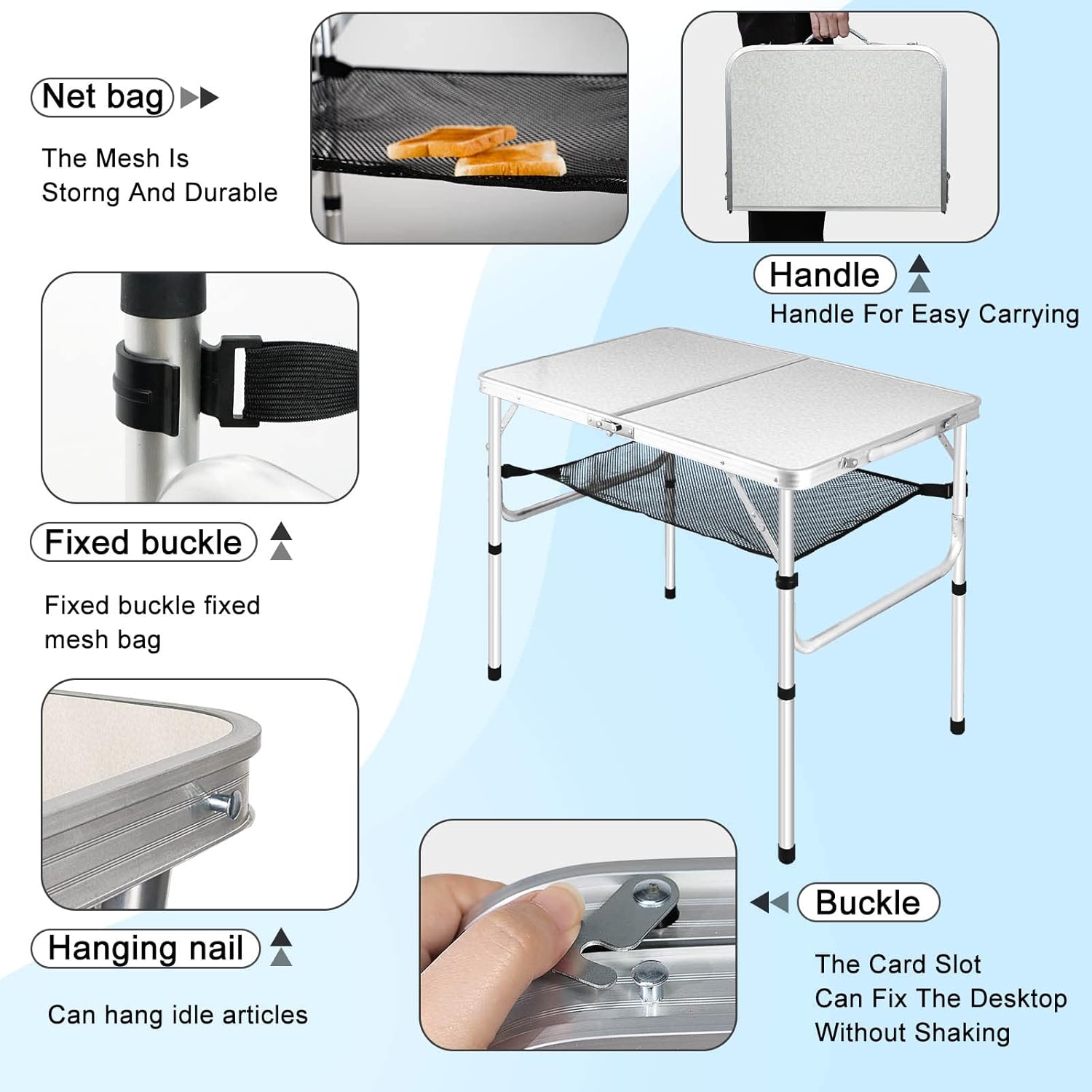 Medium Folding Table,2 Adjustable Height Foldable Table,3Ft Portable Camping Table,Outdoor Folding Table with Net Mesh,Folding Beach Table,White Metal Folding Table for Patio BBQ Backpacking