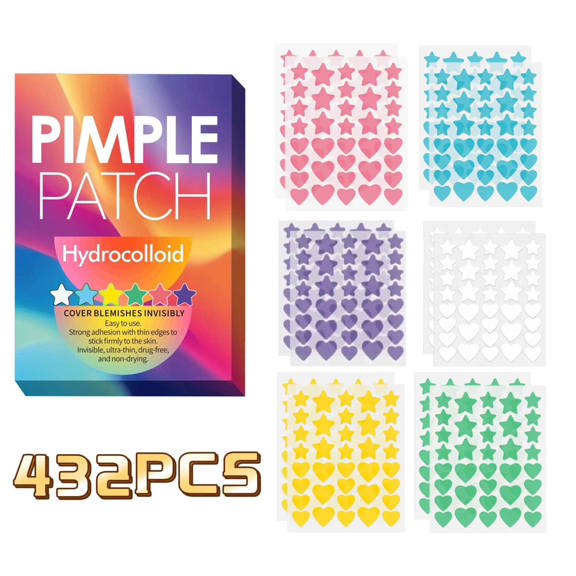 Star & Heart Shaped Pimple Patch, 432pcs/box Hydrocolloid Acne Cover Patch, Acne Patches, Skin Care Product for Women & Men
