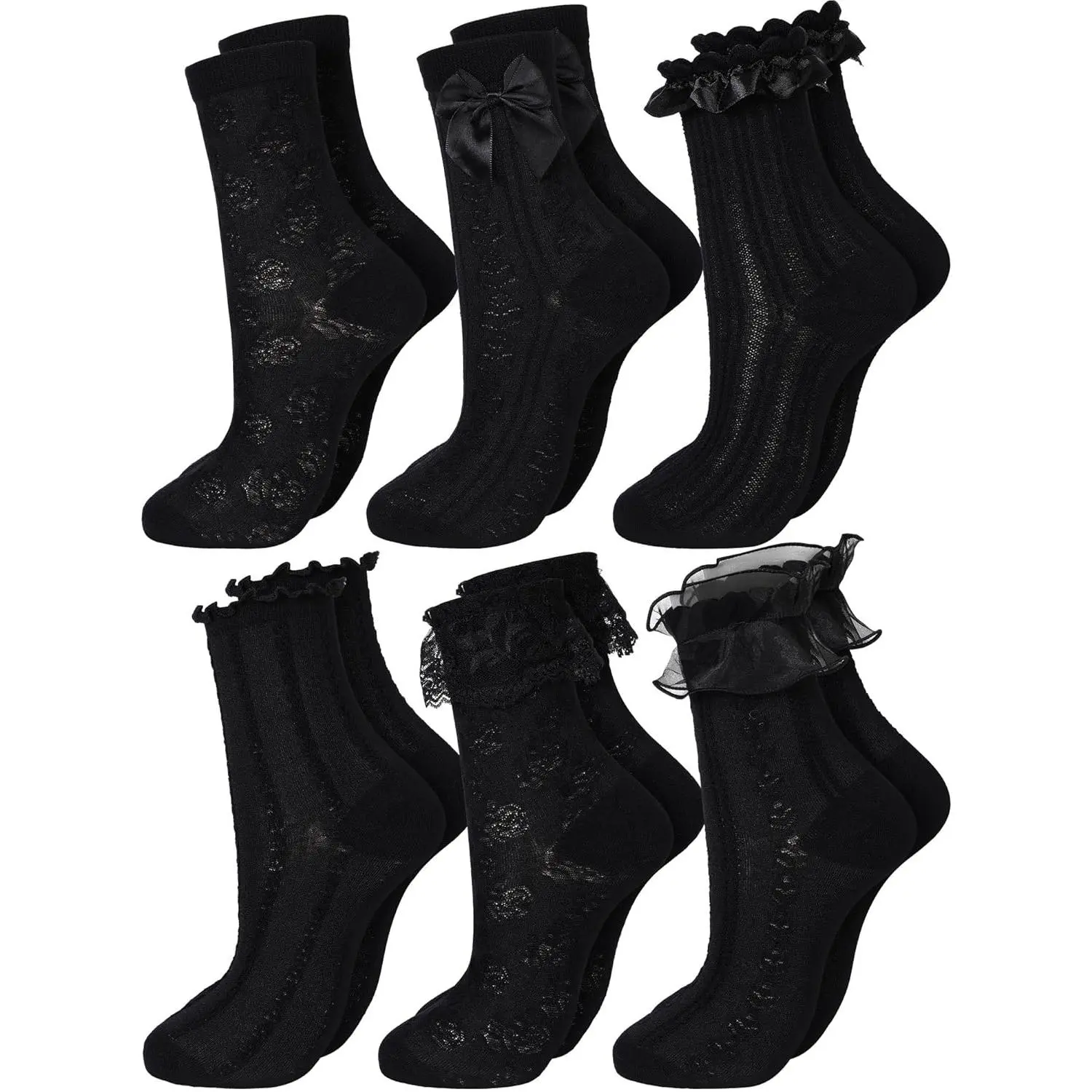 6 Pairs Ruffle Socks Women Frilly Lace Ankle Socks Cream Lolita Princess Bow Breathable