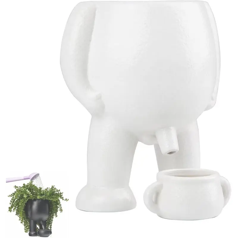Funny Peeing-Style Planter, Creative Human-Shaped Ceramic Flower Pot, Novelty Pee-Shaped Plant Container; Unique Planter with Drainage & Water Storage Design. Ideal home decor gift for plant lovers, friends, family and colleagues (White)