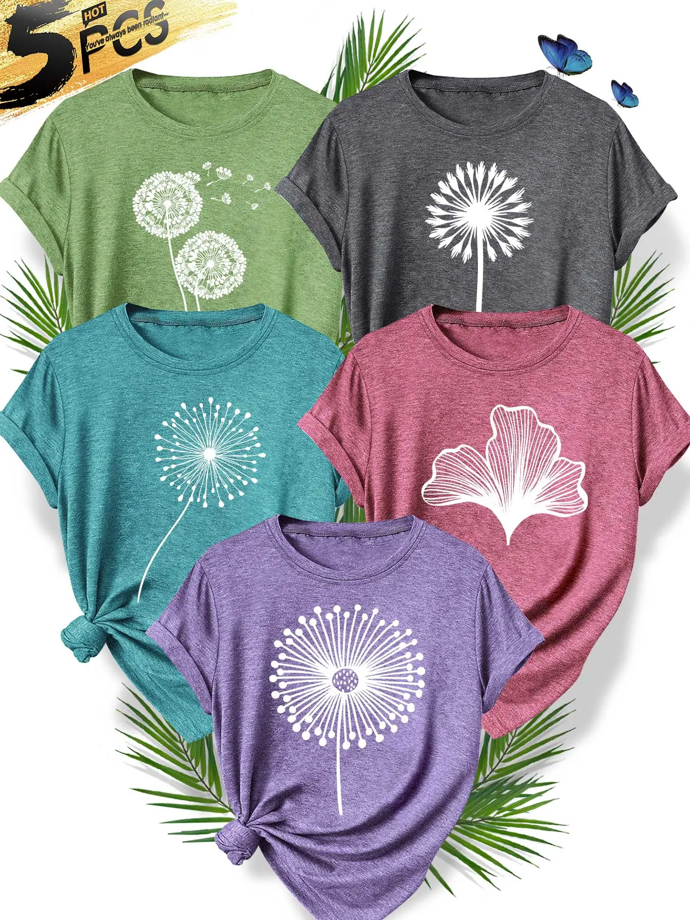 5PCS Women's Crew Neck Tee, Casual, Minimalist Dandelion & Ginkgo Print, multi-color, washable, soft summer top