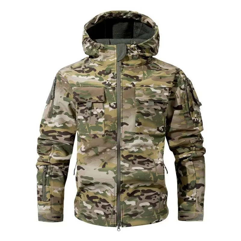 Men's Camouflage Trench Coat Jacket Warm Thick Outdoor Hooded Overcoat Suitable for Cold Weather Loose Fit Zipper Design Camouflage Pattern Machine Washable Winter Jacket