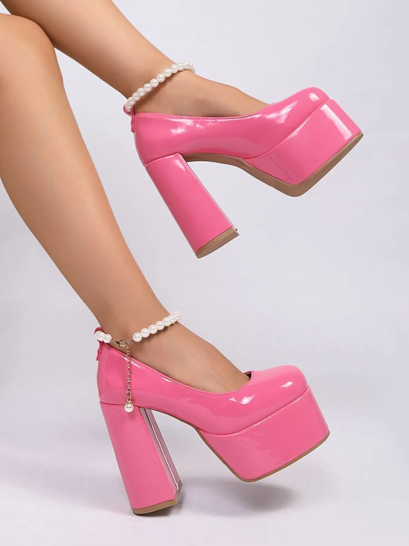 Thick Sole Mary Jane High Heels, Glossy Fashion Elegant Patent Leather Block Heel Sandals, Women's Buckle Ankle Strap Ultra High Heels, Gothic Millennial Party Shoes