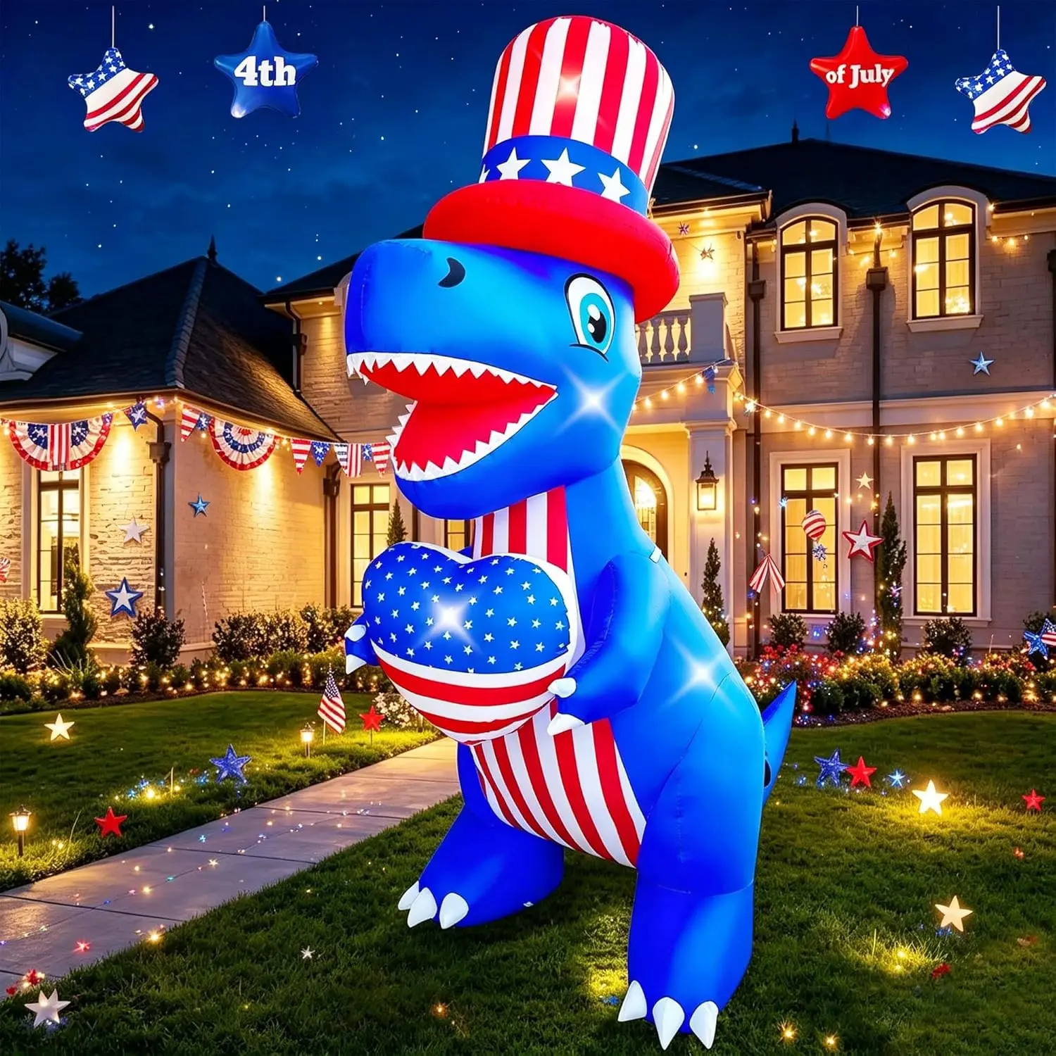 8 Ft 4th of July Inflatables Outdoor Decorations, Dinosaur with Heart Decoration LED Light Blow Up Patriotic Memorial Independence Day Decor for Lawn Yard Garden Home Outdoor Indoorfidget toys