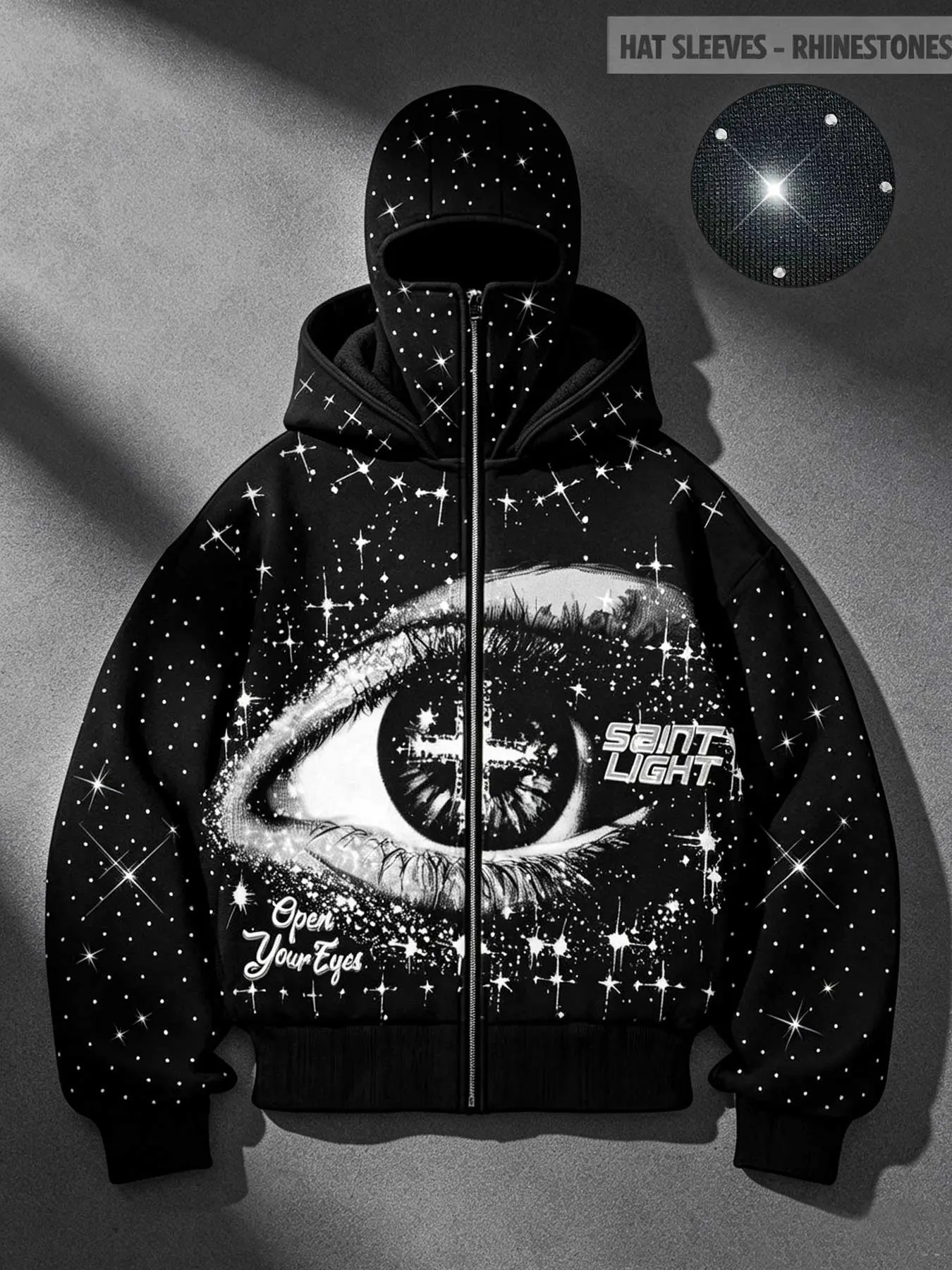 Popular rhinestone plain starry eyes two windproof hoods men's hoodies zipper cardigan sweatshirt autumn and winter two hats for men and women same style geometric aesthetic print zipper jacket men Y2K style men's jacket street fashion brand hoodie punk