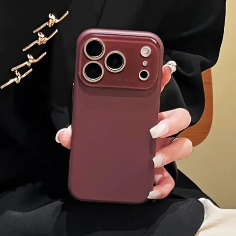 Burgundy Luxury High-Quality Skin-Feel Glass Lens Smartphone Case, Shockproof Lens Protector Cellphone Casing for iPhone 18Pro,17 Pro Max,17,16,15,14,13,12 Pro Max Mobile Phone Accessories
