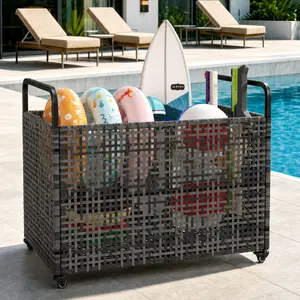 Pool Float Storage Organizer, Outdoor Wicker Rattan Rolling Cart with Handle for Pool Toys, Noodles, Floats, Equipment – Large Size