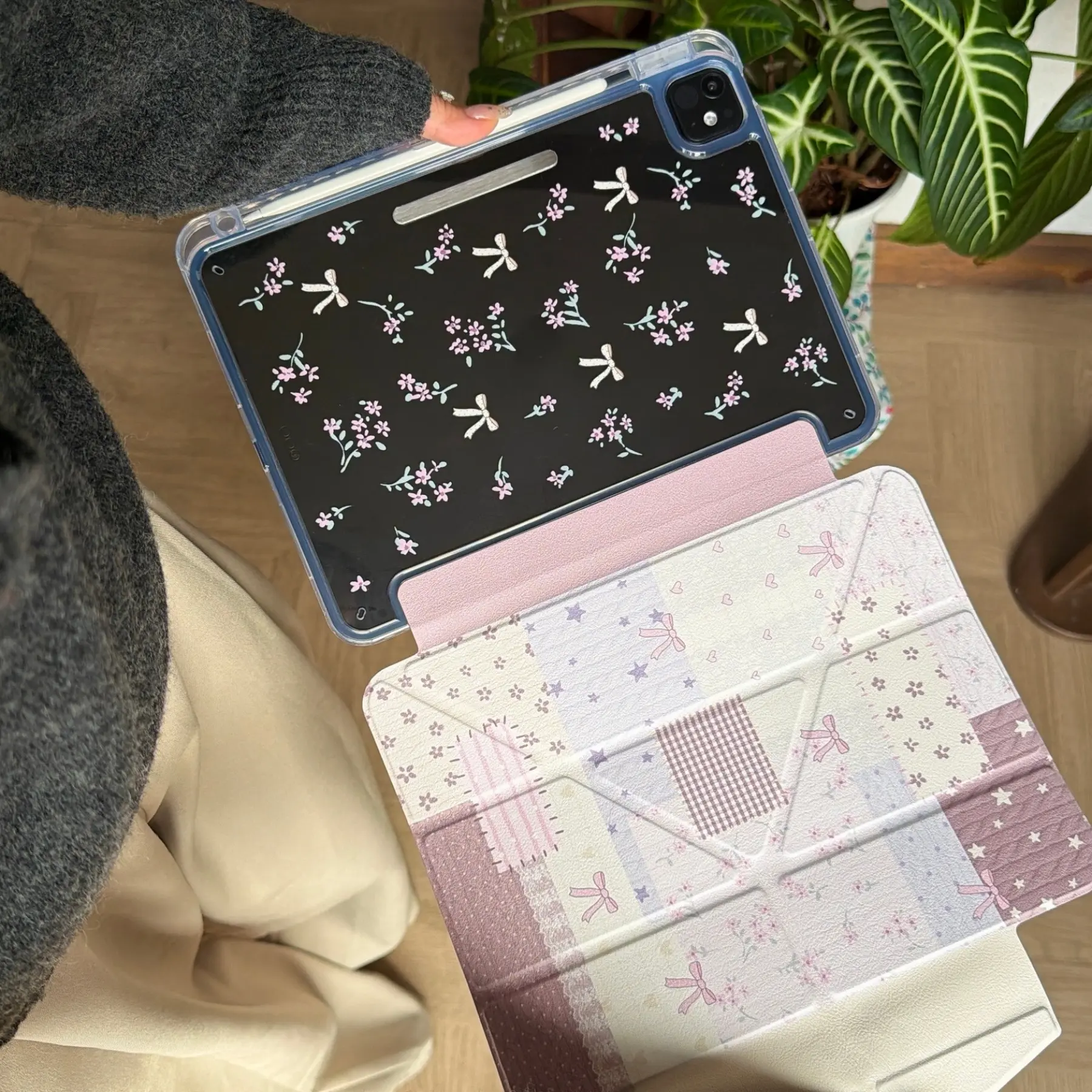 Pink Spliced Floral‑Print Tablet Case for iPad 11 Gen(A16), iPad 10, AIR, PRO, with Pencil Holder, MatePad, Xiaomi, REDMI, Minimalist Tablet Case, Auto Wake‑Sleep Function