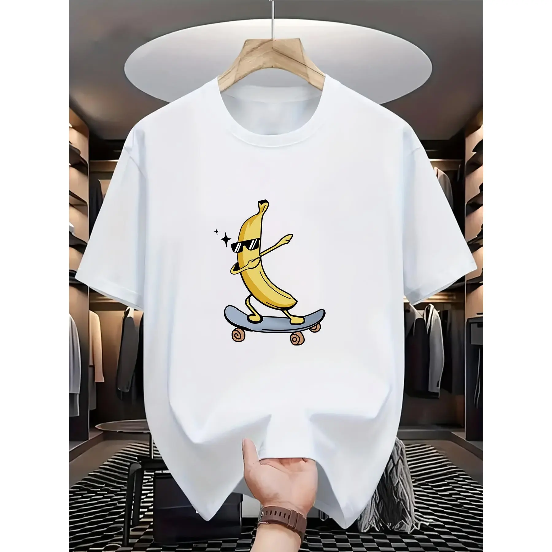 Boys' Banana Skateboard Graphic T-Shirt - Short Sleeve Casual Summer Top with Skate Banana Peel Print, Round Neck Tee for Skateboarding & Outdoor Play, Sizing (/) - Machine Washable Skateboarding Apparel, for Teenager trendy vintage graphic tee cotton