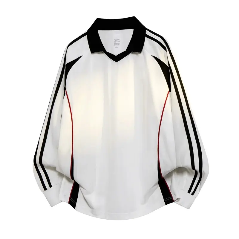 Men's Oversized Retro Sport Long-Sleeve Soccer Jersey Top - Contrast Collar, Triple Stripes Sleeves, Black-Red Color Block Piping, Lightweight Breathable Fabric, Polyester Fiber, Textured Material, Loose Fit for Daily Street, Retro Athletic Outfits XS, Pi