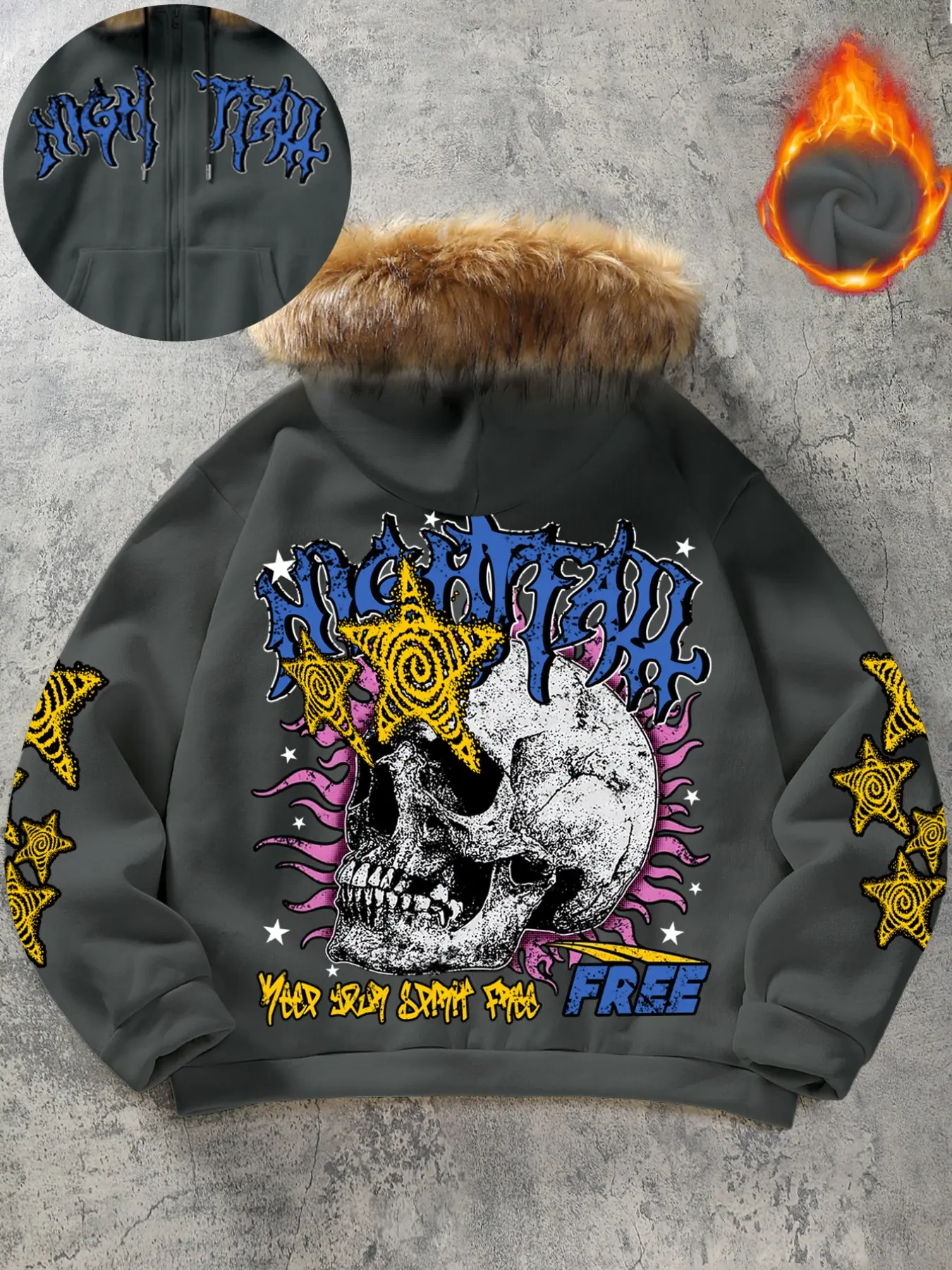 Men's Y2K Gothic Skull Graphic Zip-Up Hoodie - Faux Fur Trim